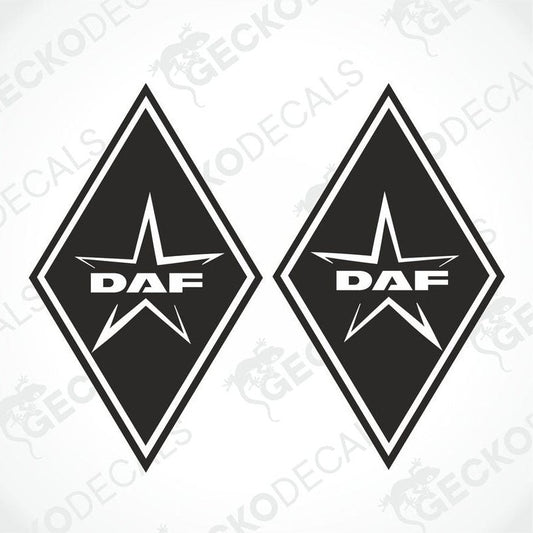 Two black and white diamond-shaped decals with the DAF logo, intended for use on vehicles.