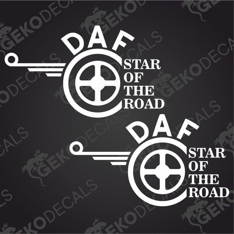 Two black and white die cut decals with the text 'STAR OF THE ROAD' and a wheel design