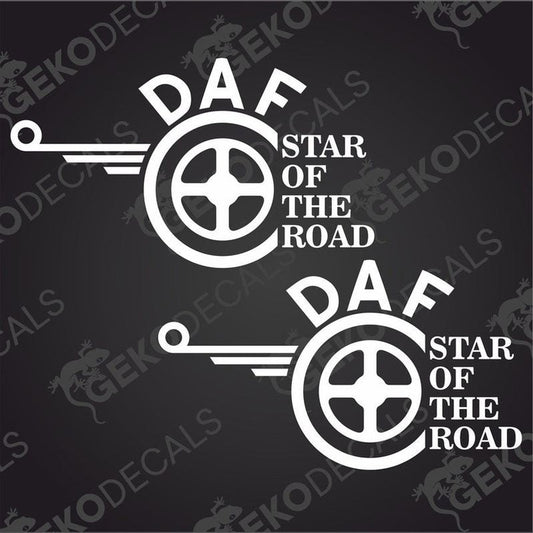 Two black and white die cut decals with the text 'STAR OF THE ROAD' and a wheel design