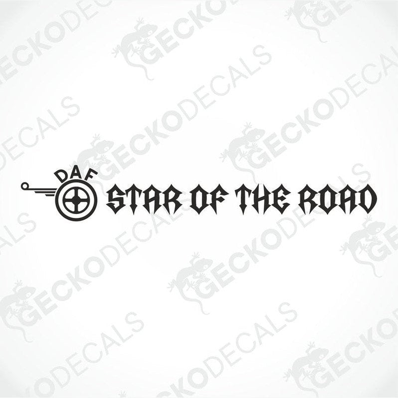 A die cut decal with the text 'STAR OF THE ROAD' displayed on the upper part of a truck's windshield.