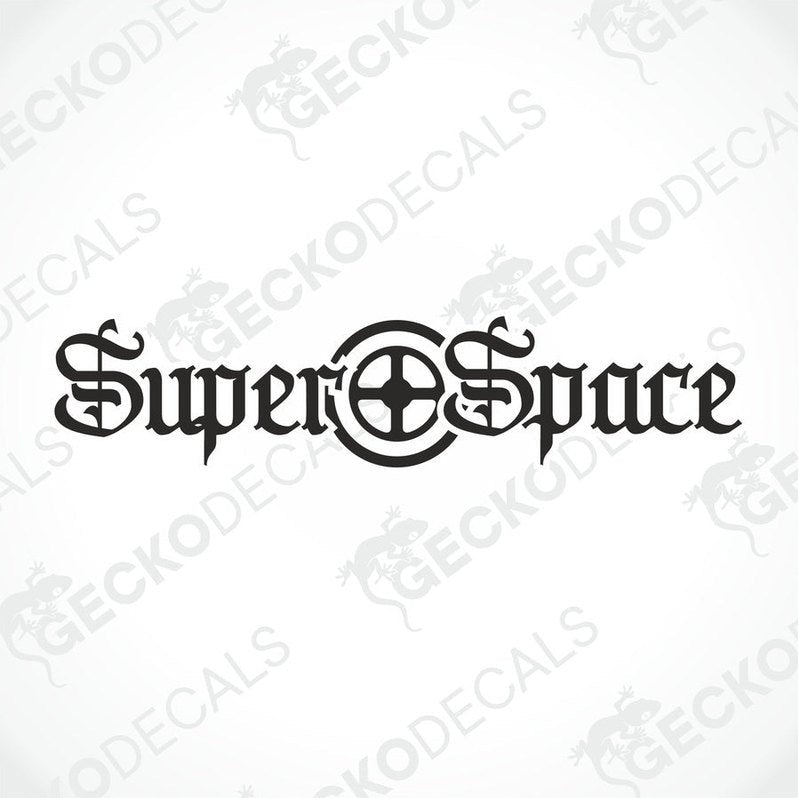 A die cut decal with the text 'Super Space' displayed on the upper part of a truck's windshield.