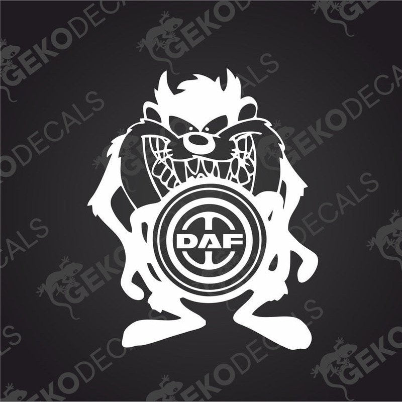 A black die cut sticker with a cartoon character design incorporating the DAF logo.
