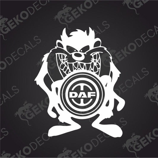 A black die cut sticker with a cartoon character design incorporating the DAF logo.