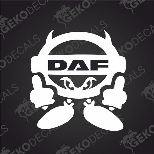 A die cut decal with the text 'DAF' in the center, designed for use on vehicles or machinery, displayed against a black background.