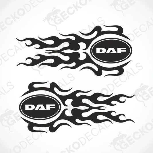 A set of two black decals with a tribal pattern and the DAF logo, designed for use on vehicles.