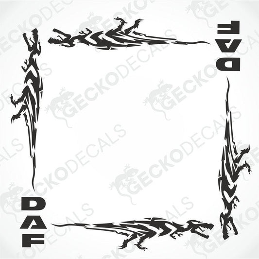 A set of black tribal dinosaur side window decals for a DAF truck, designed to be applied on the exterior surface of the vehicle windows.