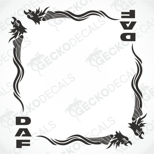 A set of black die cut side window decals for a DAF truck, featuring tribal eagle designs, intended for use on the exterior of a vehicle.