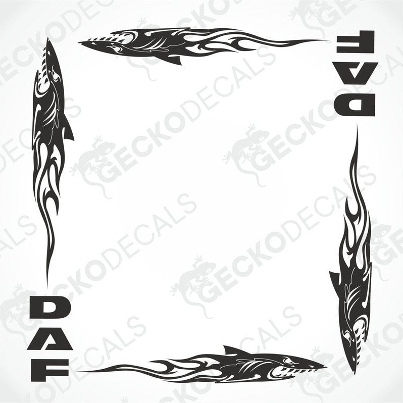 A set of black tribal shark side window decals for a DAF truck, designed for use on the interior or exterior of the vehicle.