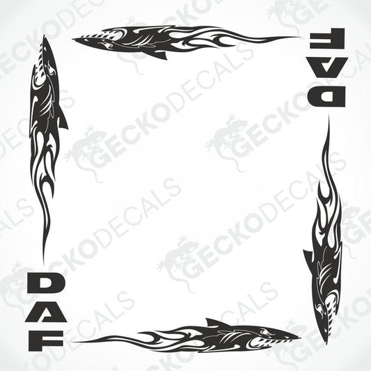 A set of black tribal shark side window decals for a DAF truck, designed for use on the interior or exterior of the vehicle.