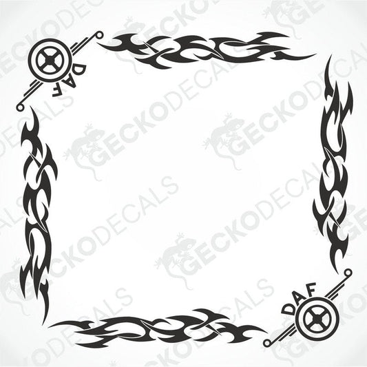A set of two black and white tribal pattern side window decals for a DAF truck.