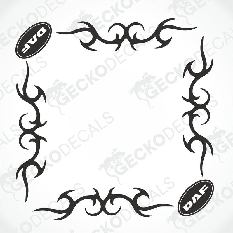 A set of tribal-style side window decals for a DAF truck, featuring black and white design with decorative elements.