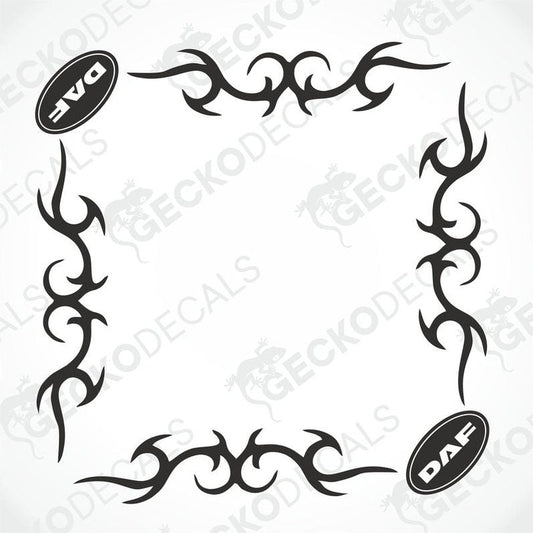 A set of tribal-style side window decals for a DAF truck, featuring black and white design with decorative elements.