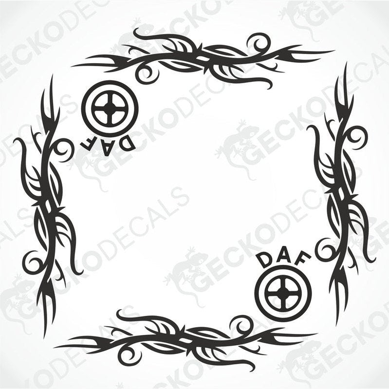 Black DAF tribal side window decal set with flame edges and cross emblem