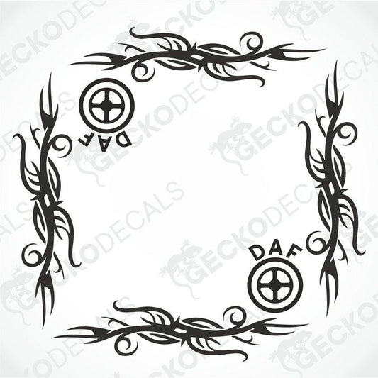 Black DAF tribal side window decal set with flame edges and cross emblem