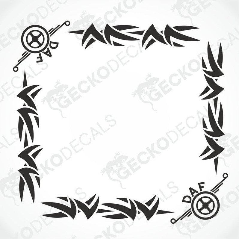 A set of two black and white tribal pattern decals for side windows, with the brand name 'DAF' visible.