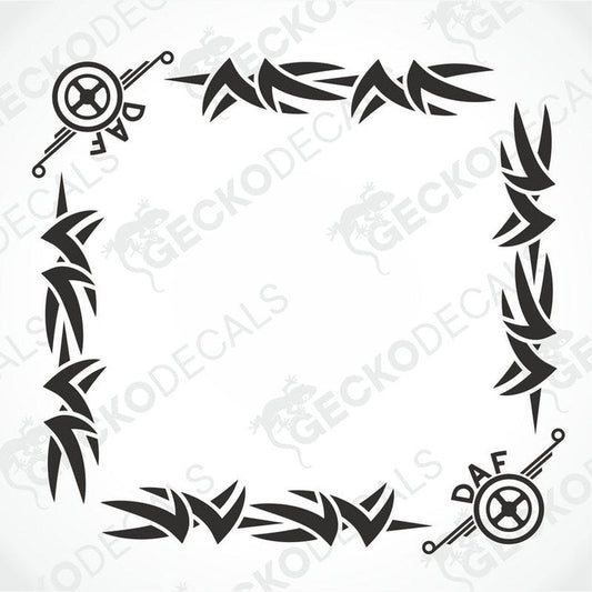 A set of two black and white tribal pattern decals for side windows, with the brand name 'DAF' visible.
