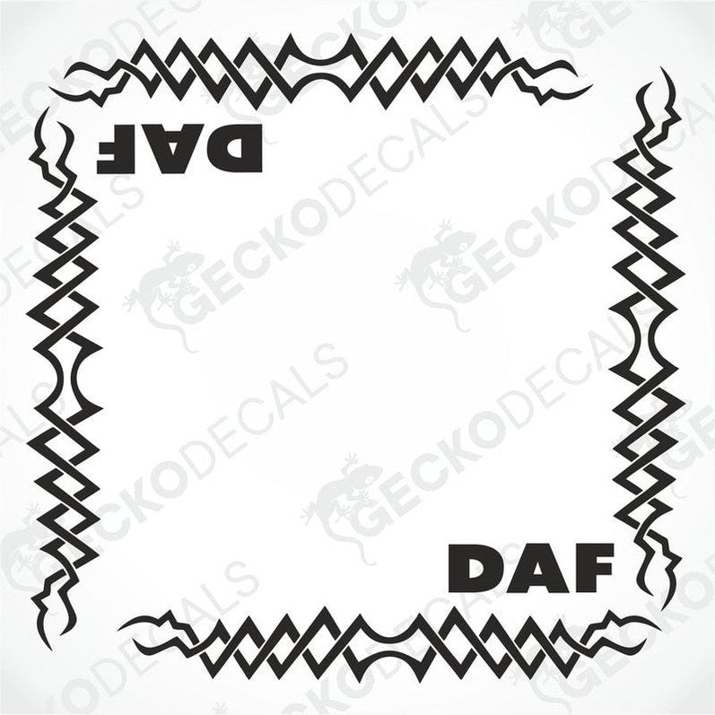A black and white tribal pattern side window decal with the brand name 'DAF' featured prominently.