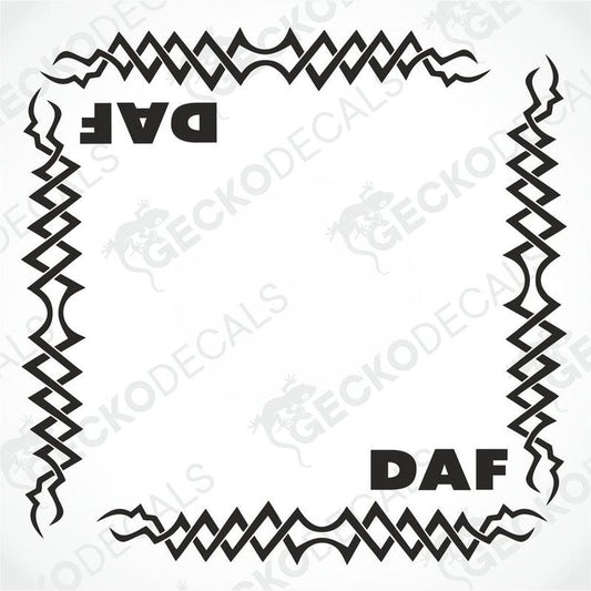 A black and white tribal pattern side window decal with the brand name 'DAF' featured prominently.