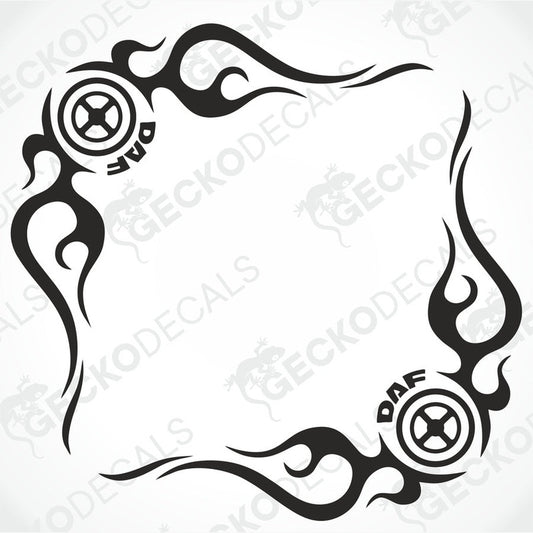 A set of two black and white tribal-style decals for side windows, with the brand name 'DAF' visible.