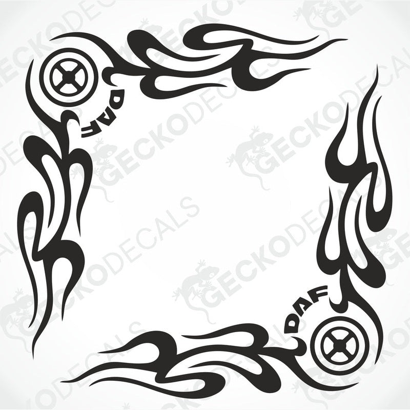 A set of tribal-style decals for DAF side windows, featuring black designs with white accents and circular motifs.