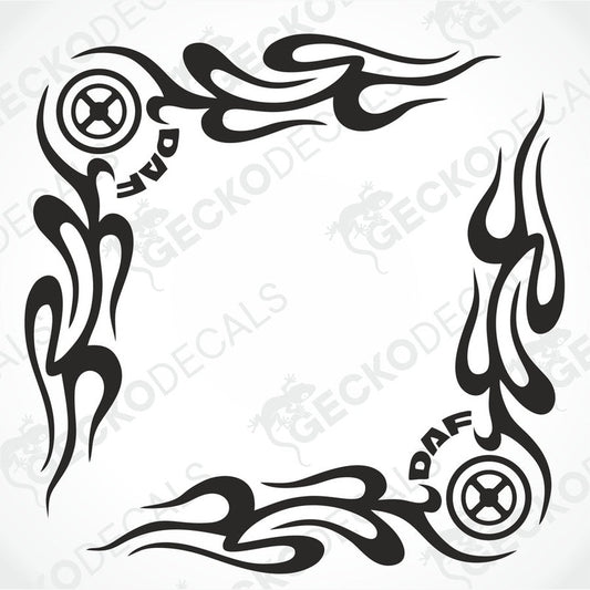 A set of tribal-style decals for DAF side windows, featuring black designs with white accents and circular motifs.