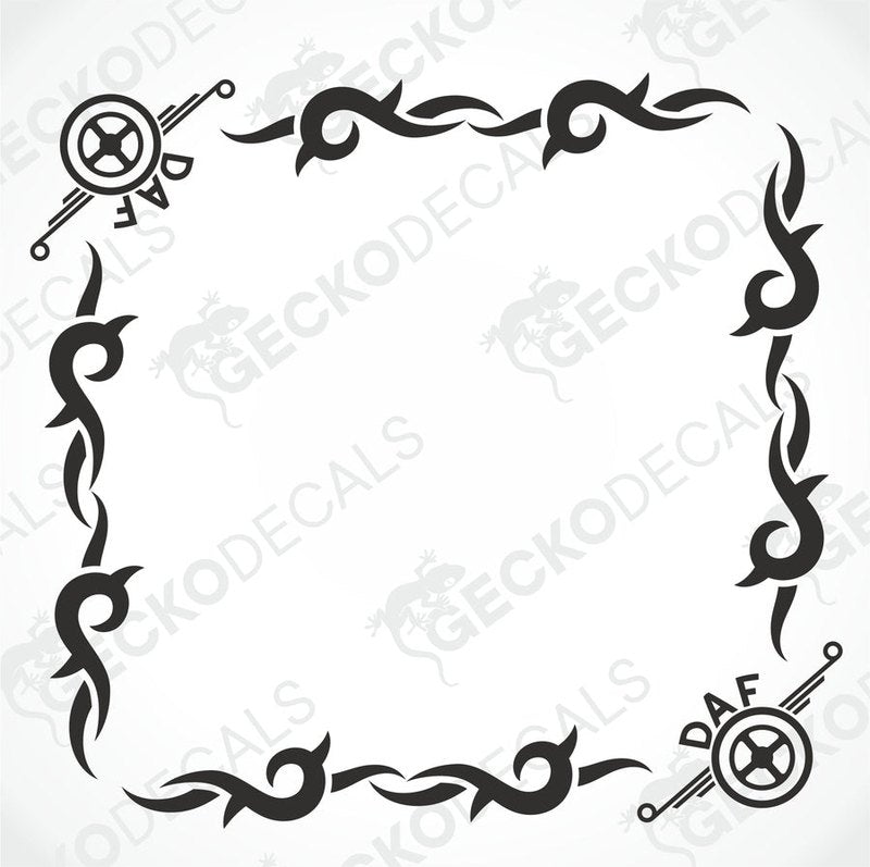 A set of two black and white tribal pattern side window decals for a DAF truck.