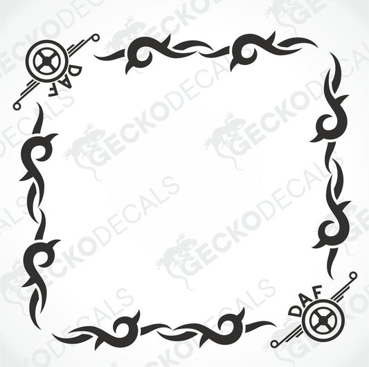A set of two black and white tribal pattern side window decals for a DAF truck.