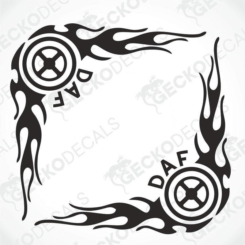 A set of two black and white tribal style decals for DAF side windows, with the Gecko Decals logo.