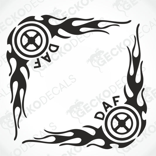 A set of two black and white tribal style decals for DAF side windows, with the Gecko Decals logo.