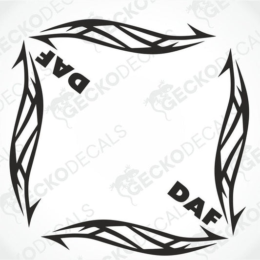 A pair of black tribal pattern side window decals with the text 'DAF' on them.