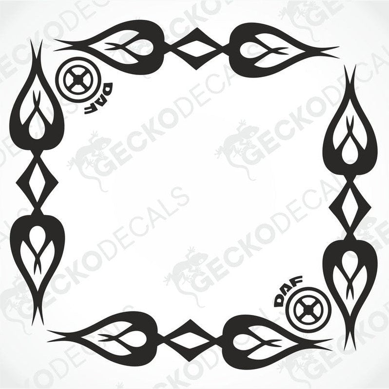 A set of tribal-style decals for DAF side windows, featuring black designs with white accents and circular motifs.