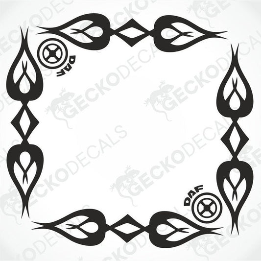 A set of tribal-style decals for DAF side windows, featuring black designs with white accents and circular motifs.