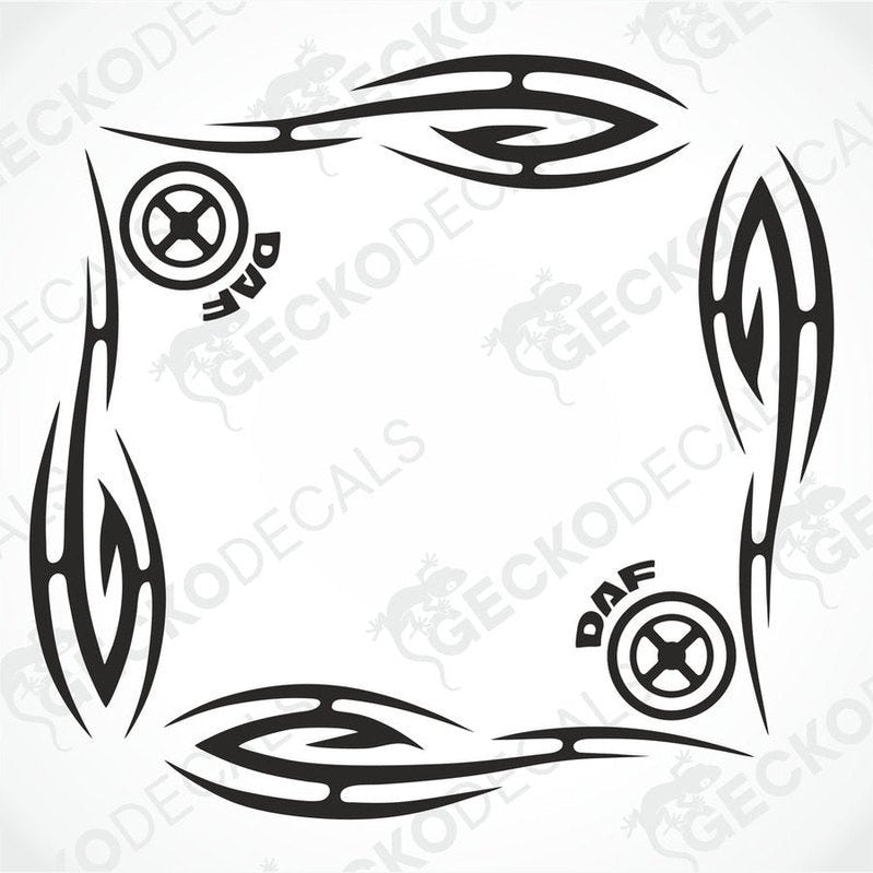A set of two black tribal pattern side window decals for DAF trucks, displayed on a white background.