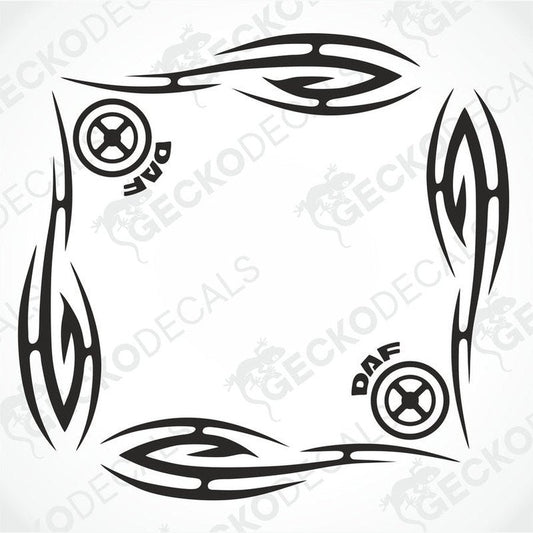 A set of two black tribal pattern side window decals for DAF trucks, displayed on a white background.