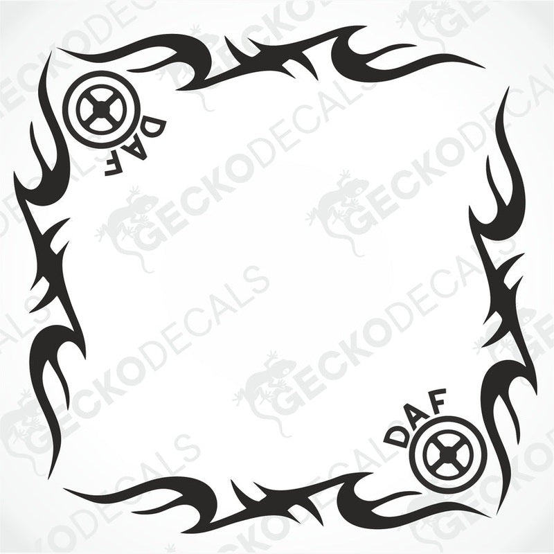 A set of black tribal pattern car decals with the brand name 'DAF' in the corners.
