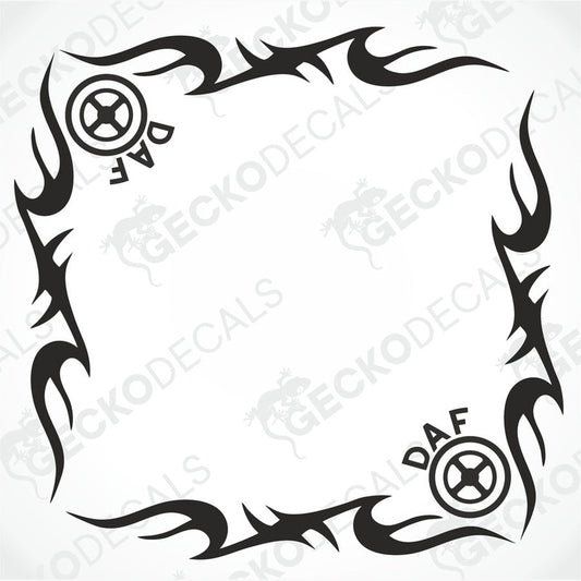 A set of black tribal pattern car decals with the brand name 'DAF' in the corners.
