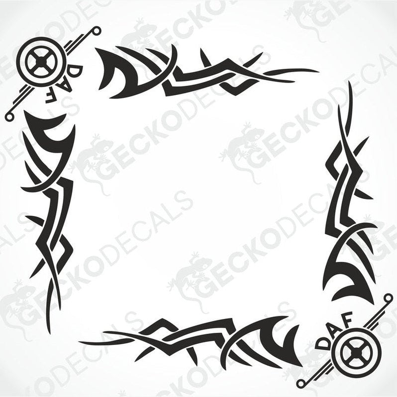 A set of black tribal patterned decals for vehicle side windows, featuring the DAF logo.