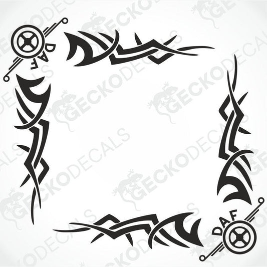A set of black tribal patterned decals for vehicle side windows, featuring the DAF logo.