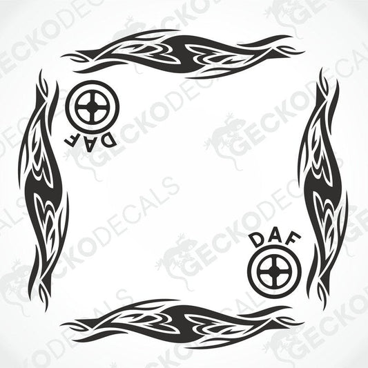 DAF tribal side window decals set with flame patterns and logos on transfer paper