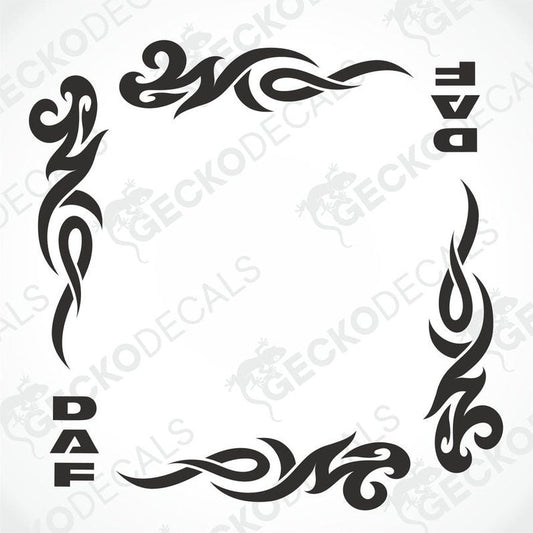 A black and white tribal-style decal for a DAF truck, featuring intricate tribal patterns and the DAF logo.