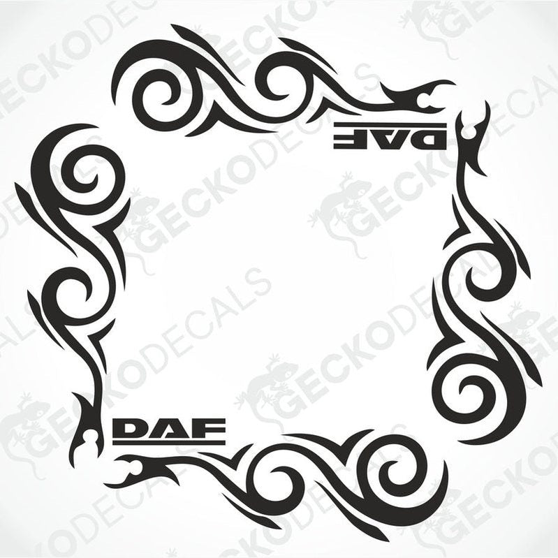 A set of two black tribal patterned die cut stickers with the brand name 'DAF' on them, designed for use as vehicle side window decals.