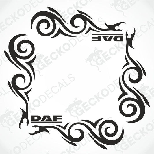 A set of two black tribal patterned die cut stickers with the brand name 'DAF' on them, designed for use as vehicle side window decals.