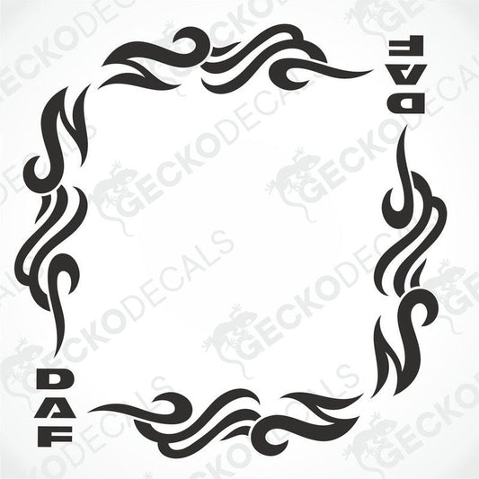 A black and white image of a die-cut tribal pattern decal for a vehicle's side window, featuring the brand name 'DAF'.