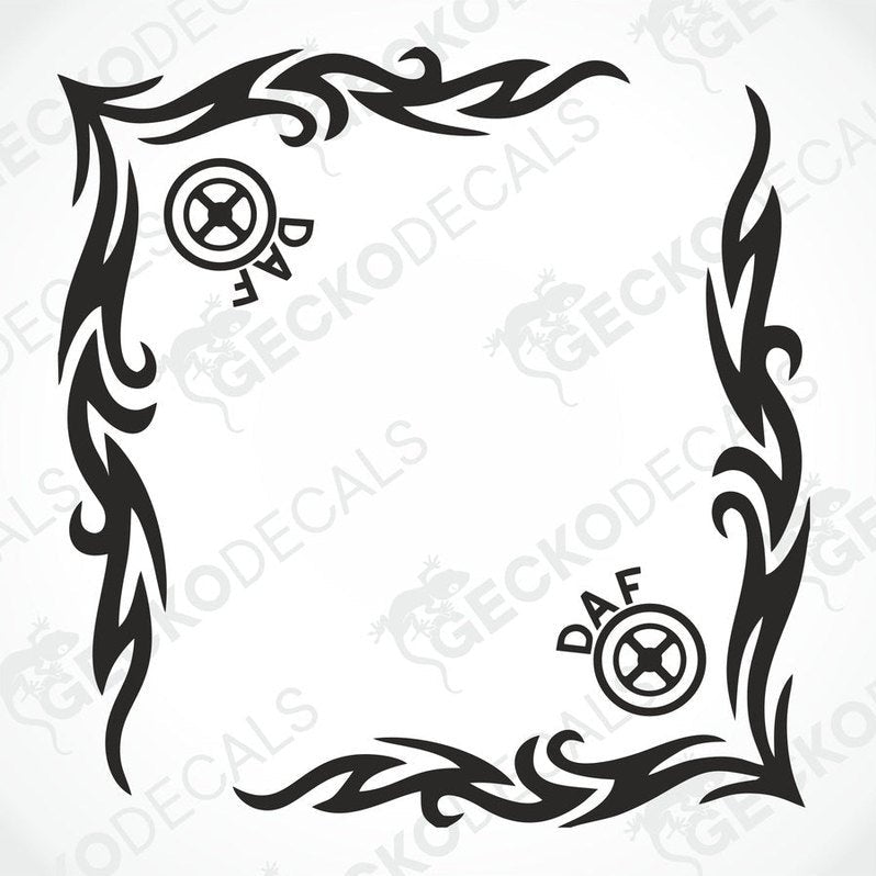 A black and white image of a die cut sticker with tribal pattern design for vehicle side window decals. It features the brand name 'DAF' within the design.