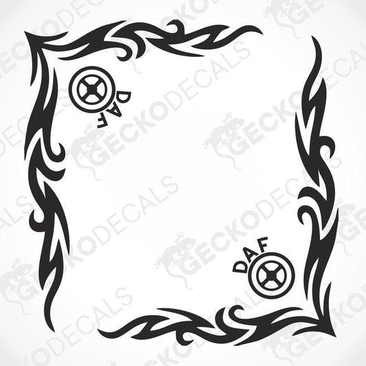 A black and white image of a die cut sticker with tribal pattern design for vehicle side window decals. It features the brand name 'DAF' within the design.