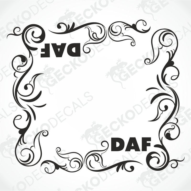 A black and white image of a die cut decal with a floral pattern and the text 'DAF' included within the design.