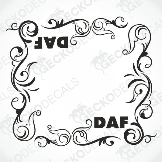 A black and white image of a die cut decal with a floral pattern and the text 'DAF' included within the design.