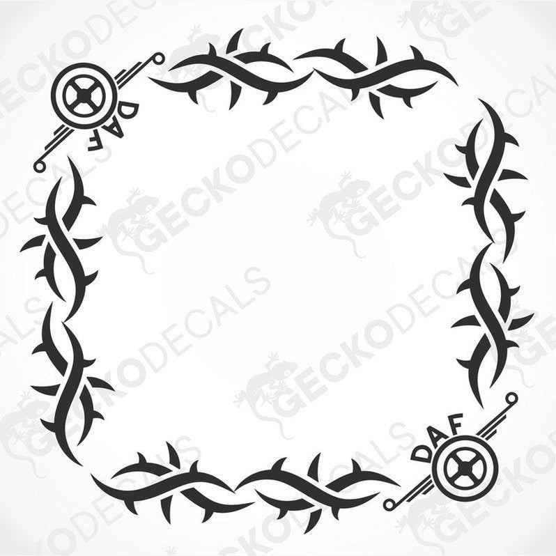 A set of two black and white tribal-style decals for side windows, with the brand name 'DAF' visible.