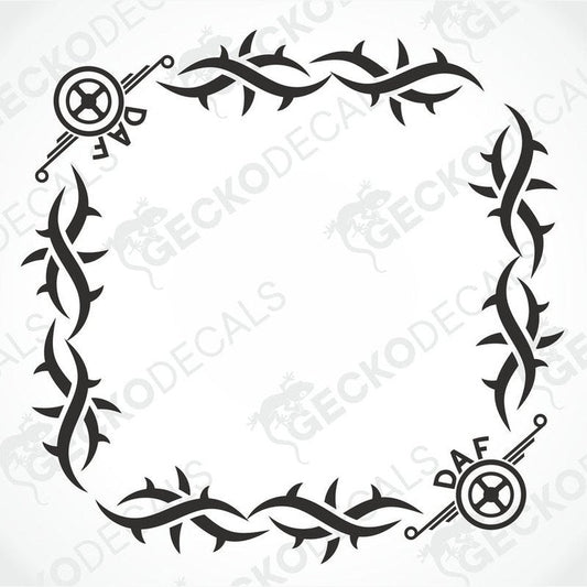 A set of two black and white tribal-style decals for side windows, with the brand name 'DAF' visible.