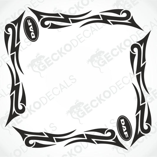 A set of two black and white tribal-style side window decals for a car, with the DAF logo.